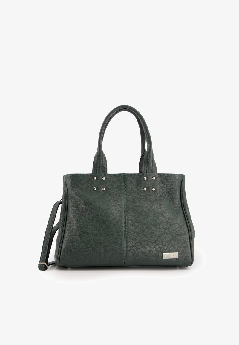 Green leather handbag with dual top handles, stud accents, rectangular shape, textured finish, and an adjustable shoulder strap.
