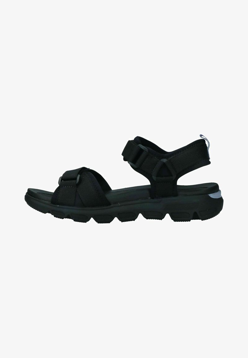 Black synthetic sandals with adjustable straps, textured footbed, and a treaded rubber sole for grip and stability.