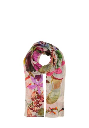 Sciarpa in seta con un design floreale caratterizzato da vivaci tonalità di rosa, verde e viola su uno sfondo chiaro. Tessuto leggero e dalla superficie liscia.