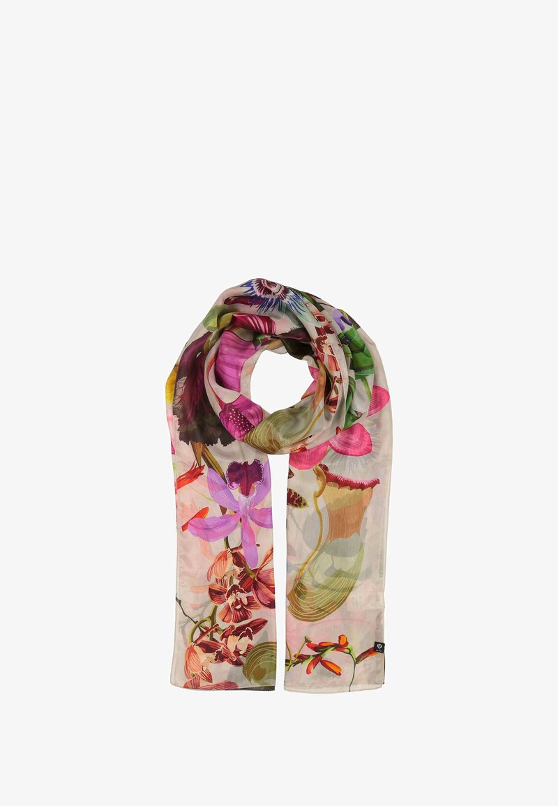 Sciarpa in seta con un design floreale caratterizzato da vivaci tonalità di rosa, verde e viola su uno sfondo chiaro. Tessuto leggero e dalla superficie liscia.