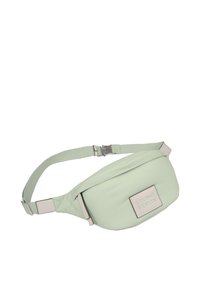 Marsupio verde chiaro in tessuto, con una texture liscia, cinturino regolabile e un'etichetta cremisi con logo.