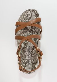 Brown strappy sandal with a snakeskin-patterned insole, featuring gold hardware accents and a flat sole design.
