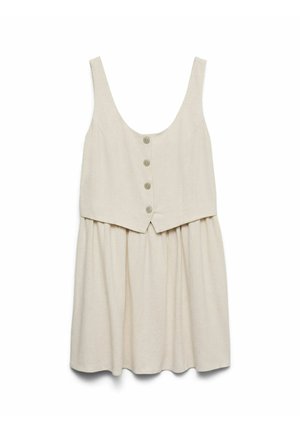 Vestido sin mangas de lino beige con escote redondo, cuerpo con botones al frente y falda fruncida sobre fondo blanco.