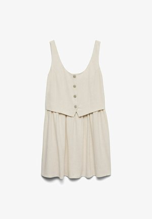 Vestido sin mangas de lino beige con escote redondo, cuerpo con botones al frente y falda fruncida sobre fondo blanco.