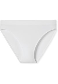 White cotton underwear with a smooth texture, low-rise design, wide elastic waistband, and full coverage. No visible patterns or accents.