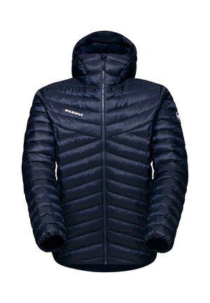 Navy blue insulated jacket with a hood, featuring a zip front, chevron quilted design, and contrasting soft cuffs for warmth.