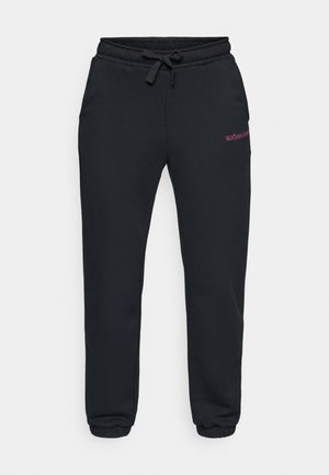 Black sweatpants made of soft fabric, featuring an elastic waistband with drawstring, side pockets, and a small pink logo on the left thigh.
