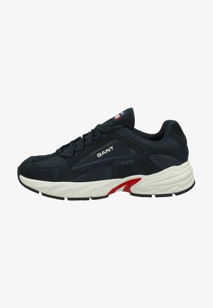 Men's athletic shoes made of dark blue mesh and suede, featuring a white midsole with red accents and black rubber outsole. GANT branding visible.