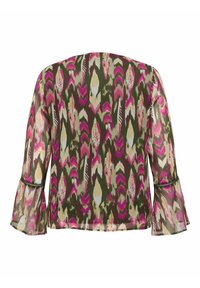Blusa trasparente con motivo che presenta una combinazione di colori rosa, verde e crema, con maniche a campana e bordo decorativo lungo i polsini.