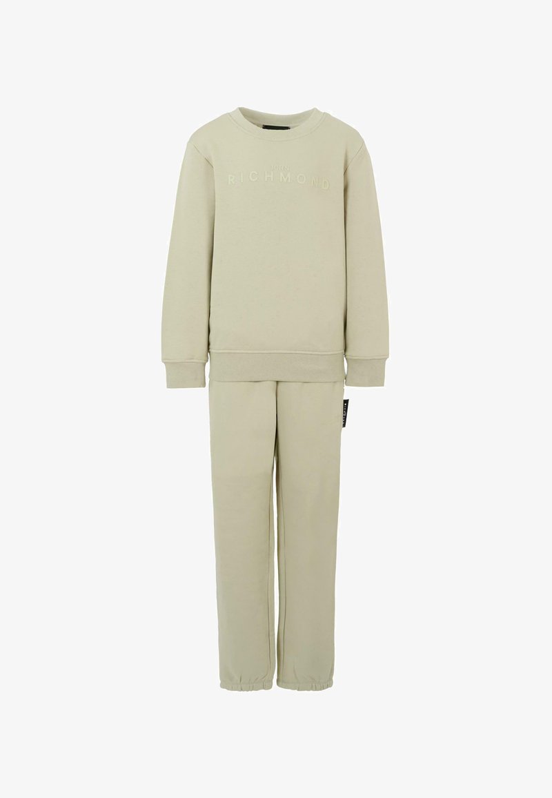 Beżowa bluza z długim rękawem i dopasowane spodnie z elastycznymi mankietami, z wygrawerowanym na przodzie napisem "John Richmond".
