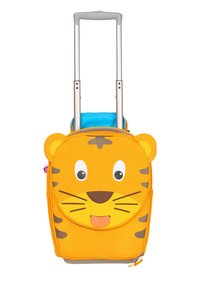 Yellow children’s suitcase with a tiger face design, featuring large eyes, whiskers, and ears. Retractable silver handle, blue interior.