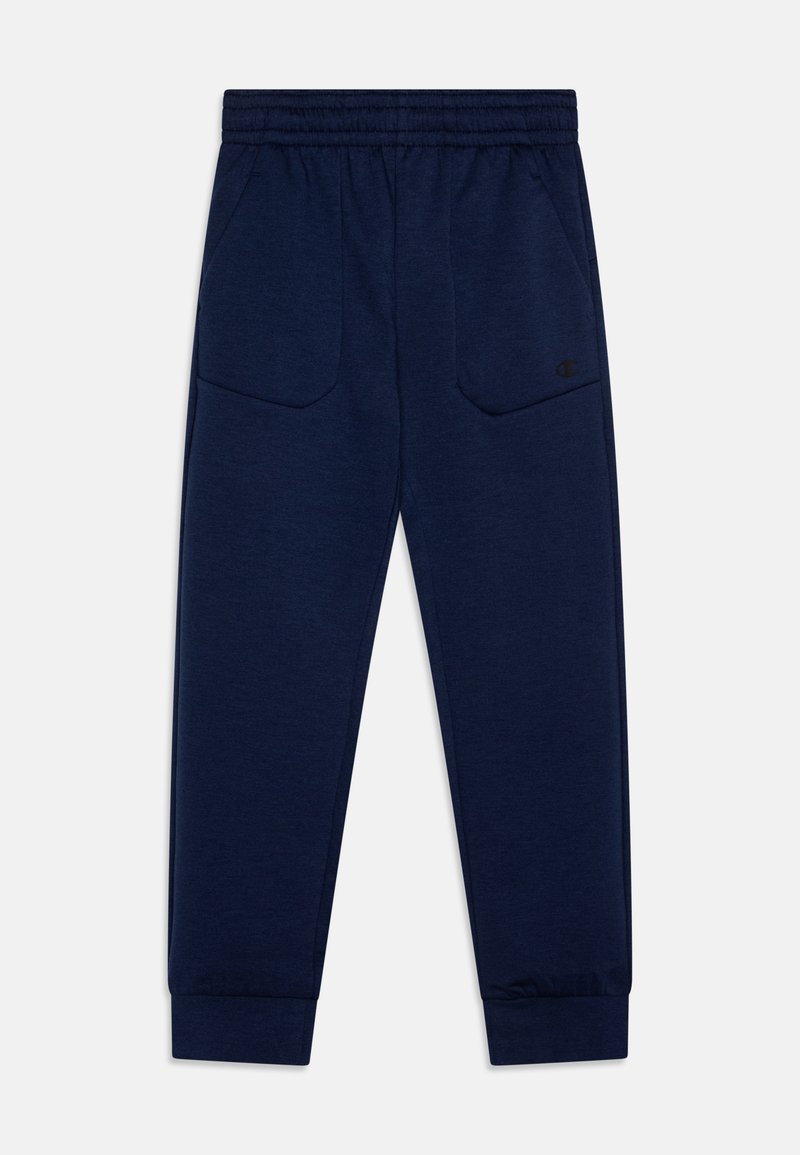 Marineblauwe sweatpants gemaakt van een zachte, gemarmerde stof. Voorzien van een elastische tailleband, twee voorzakken en taps toelopende manchetten bij de enkels.