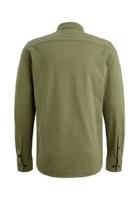 Langarmshirt in olijfgroen, gemaakt van soepele stof. Heeft een klassieke kraag en knoopmanchetten. Effen achterkant, zonder patronen of accenten.