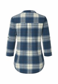 Kariertes Placket-Hemd in Blau, Grau und Creme. Mit Dreiviertelärmeln und abgerundetem Saum. Weicher Stoff.