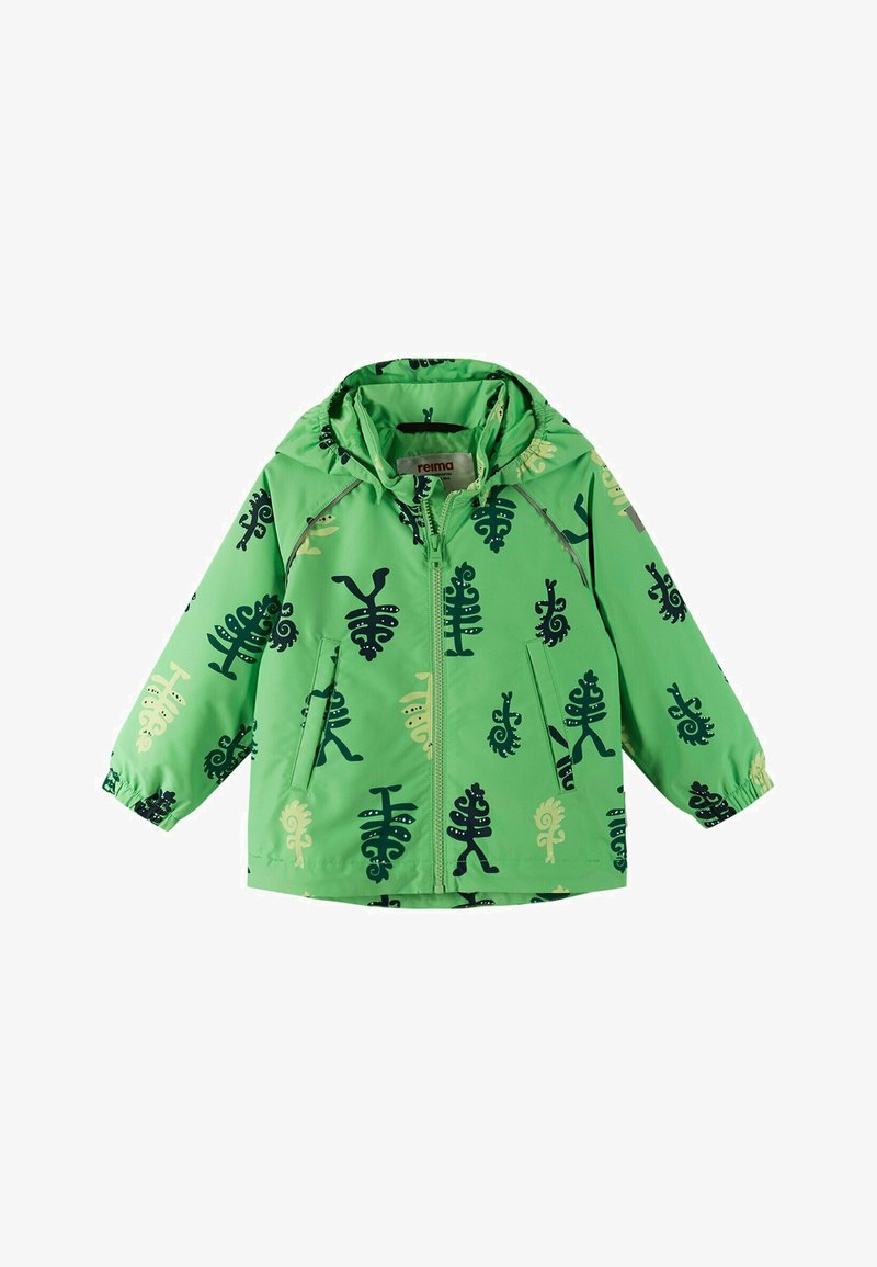 Giacca piovosa verde con cappuccio, caratterizzata da motivi astratti di foglie e figure in nero e verde chiaro. Realizzata in materiale resistente all'acqua.