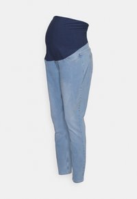 Calças de maternidade com uma faixa elástica azul escura na cintura, tecido de denim azul claro, corte justo, com bolsos laterais e uma textura desbotada.