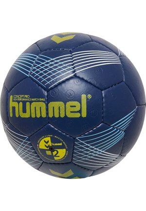 Marineblauw handbal met gele branding, gestructureerd oppervlak, ontworpen met blauwe lijnen, hexagonale panelen en een geel ventiel detail.