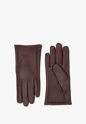 Bruine leren handschoenen met een gladde textuur, voorzien van verlengde vingers, decoratieve stiksels langs de randen en een aansluitend ontwerp.