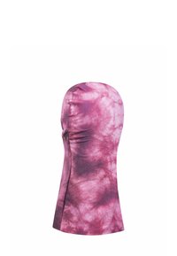 Langes, eng anliegendes ärmelloses Kleid in einem rosa Batikmuster. Weicher Stoff mit glatter Textur, ausgestattet mit einer Seitennaht und einem geschwungenen Ausschnitt.