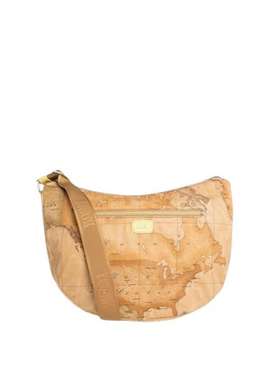 Borsa a tracolla marrone chiaro con stampa vintage della mappa del mondo e ampia tracolla regolabile con marchio goffrato.