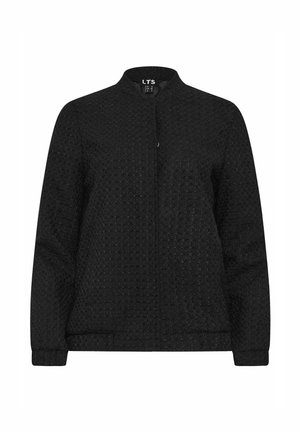 Black bomber jacket with a textured pattern, zip closure, and ribbed cuffs. Fabric appears lightweight with a smooth finish.