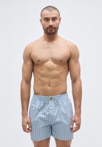 Kék csíkos boxer rövidnadrág könnyű anyagból, rugalmas derékpánttal és gombos elülső résszel, a derékpánton logó címkével.