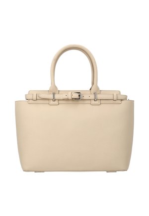 Beigenvärinen nahkainen käsilaukku, jossa on kahdet kahvat, vyöyksityiskohta hopeisella soljella ja jäsennelty suorakulmainen muoto.