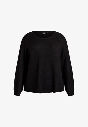 Črna pletena pulover z okroglim izrezom, dolgimi raglan rokavi in rebrastim robom. Tekstura izgleda mehka in rahlo puhasta.