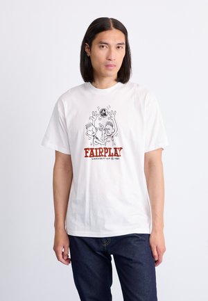 White cotton t-shirt featuring a black graphic of two cartoon figures playing, with "FAIRPLAY" in red beneath the illustration.