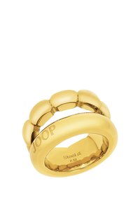 Guldfärgad ring i rostfritt stål med en rundad design, texturerade pärlaccents och ingraverad "JOOP"-logotyp. Slät yta.