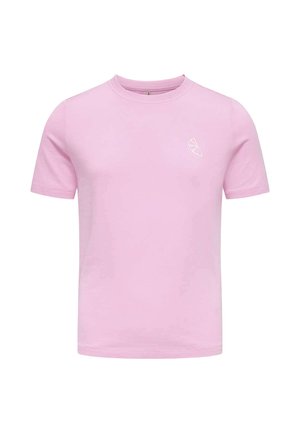 T-shirt rose clair à manches courtes et col rond avec un petit motif blanc représentant une tranche d'agrume sur la poitrine gauche.