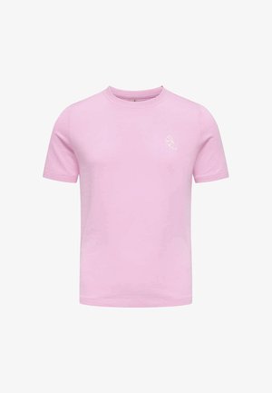 T-shirt rose clair à manches courtes et col rond avec un petit motif blanc représentant une tranche d'agrume sur la poitrine gauche.