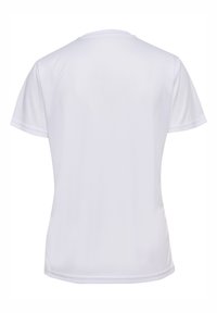 Biały t-shirt z krótkim rękawem wykonany z gładkiej tkaniny, z okrągłym dekoltem i luźnym krojem. Bez widocznych wzorów ani akcentów.