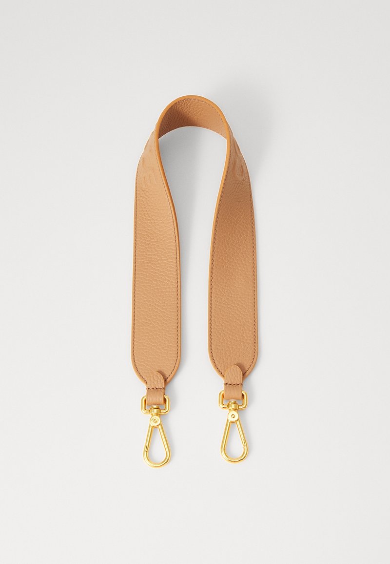 Tan leather shoulder strap with a textured finish, featuring gold-tone metal clips at both ends for attachment.