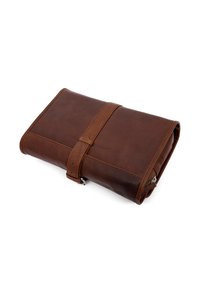 Brown leather roll-up bag with a smooth texture, a central strap closure, and a zippered compartment. Compact and rectangular shape.