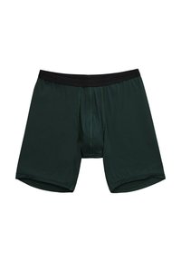 Tmavě zelené boxerky s černým elastickým pasem, s hladkou texturou a kontrastním prošíváním podél švů.