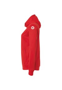 Rode hoodie met een rits aan de voorkant, zachte textuur, kangoeroezak en een logo op de linkerschouder. Heeft een capuchon met trekkoord en geribbelde manchetten.