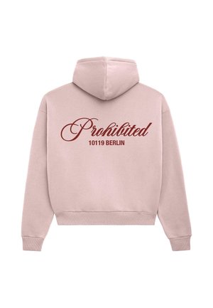 Pink hoodie featuring a large burgundy script reading "Prohibited" and "10119 BERLIN" on the back. Material appears soft with a textured finish.