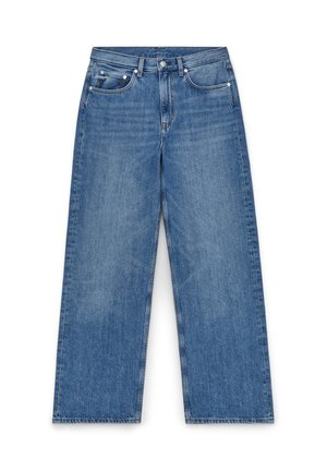 Helle blaue Denim-Jeans mit weitem Bein, hoher Taille, Fünf-Taschen-Design und Kontrastnähten. Verfügt über einen Knopfverschluss und Gürtelschlaufen.