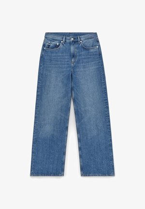 Helle blaue Denim-Jeans mit weitem Bein, hoher Taille, Fünf-Taschen-Design und Kontrastnähten. Verfügt über einen Knopfverschluss und Gürtelschlaufen.