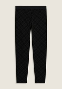 Leggings neri con un motivo testurizzato, fascia alta in vita e design aderente. Il tessuto ha un aspetto liscio.
