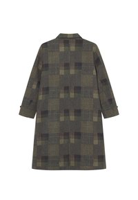 Lungo cappotto di lana con un motivo a scacchi in tonalità di verde e marrone, dotato di colletto e maniche tre quarti. Tessuto testurizzato.