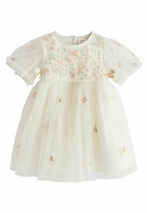Weißes Tüllkleid mit kurzen, gepufften Ärmeln, bestickt mit floralen Mustern in Rosa und Grün. Schlüssel-Ausschnitt hinten. Elegant und leicht.