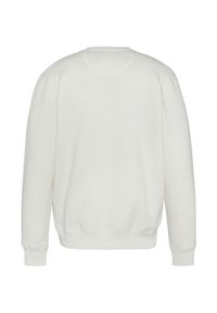 Felpa bianca con maniche lunghe, collo rotondo, polsini e orlo a costine, texture liscia, design semplice, senza motivi o decorazioni visibili.