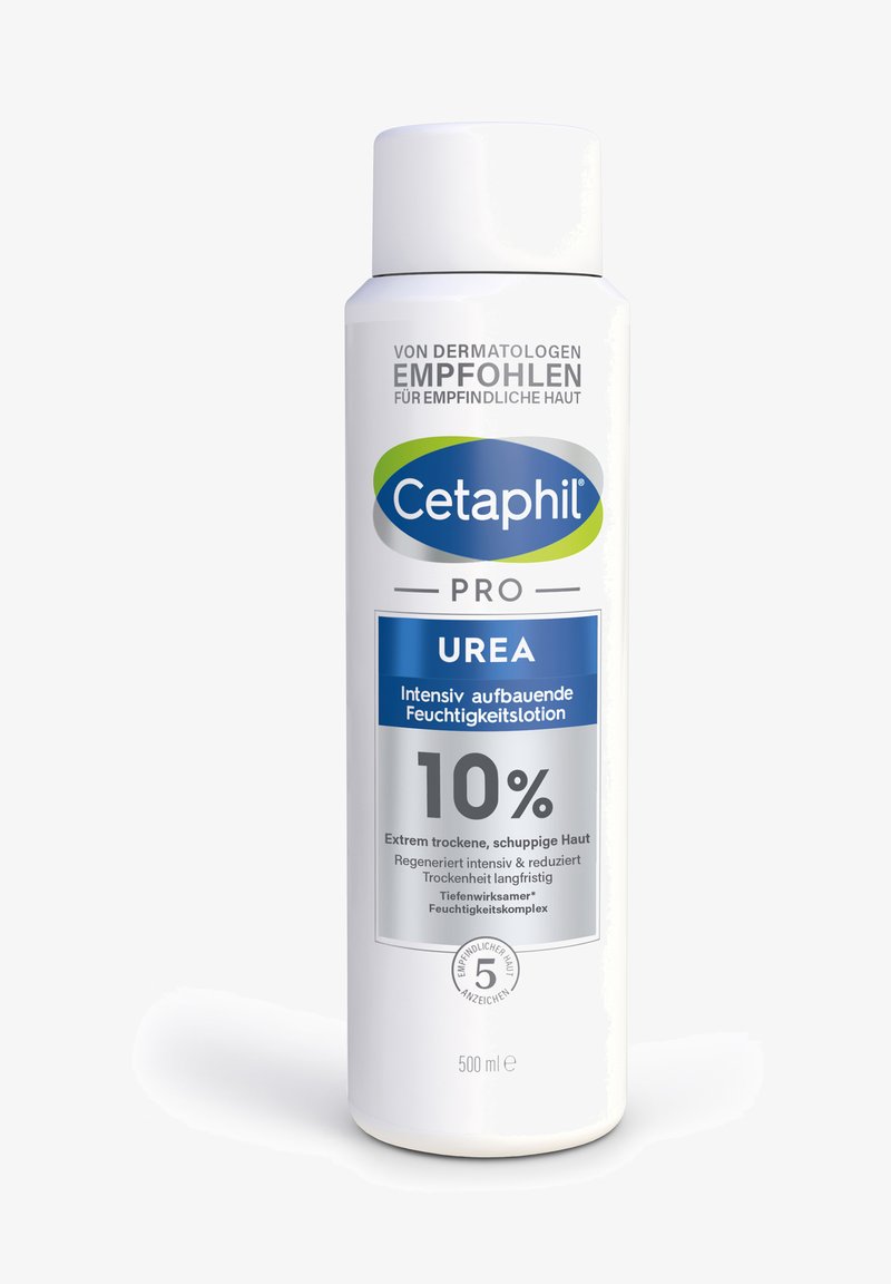 Cetaphil Pro Urea 10% Feuchtigkeitslotion für sehr trockene, schuppige Haut, dermatologisch empfohlen, 500 ml Flasche.