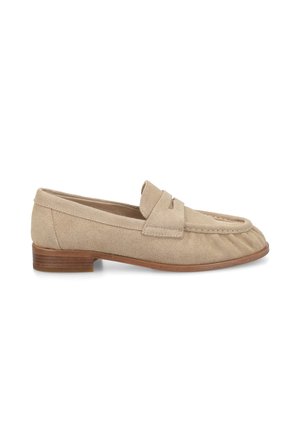Beige suede penny loafer with low stacked wooden heel and stitched detailing along the toe and vamp.