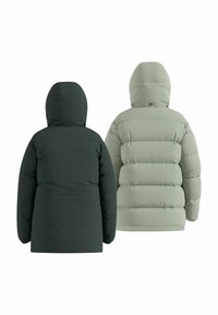 Deux doudounes présentées dos à dos. L'une est vert foncé avec une surface lisse. L'autre est vert clair, matelassée avec une texture gonflée.