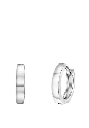 Silver hoop earrings with a polished surface, featuring a smooth, rounded design and a hinge closure for easy wear.