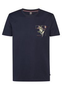 Donkerblauwe katoenen T-shirt met korte mouwen, voorzien van een groene blaadjesafbeelding en een logo-print op de borst. Ronde halslijn; ontspannen pasvorm.
