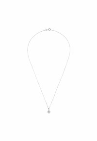 Collar de plata con una fina cadena y un colgante circular que presenta un diseño floral. El colgante tiene un acabado pulido y cierre de broche.